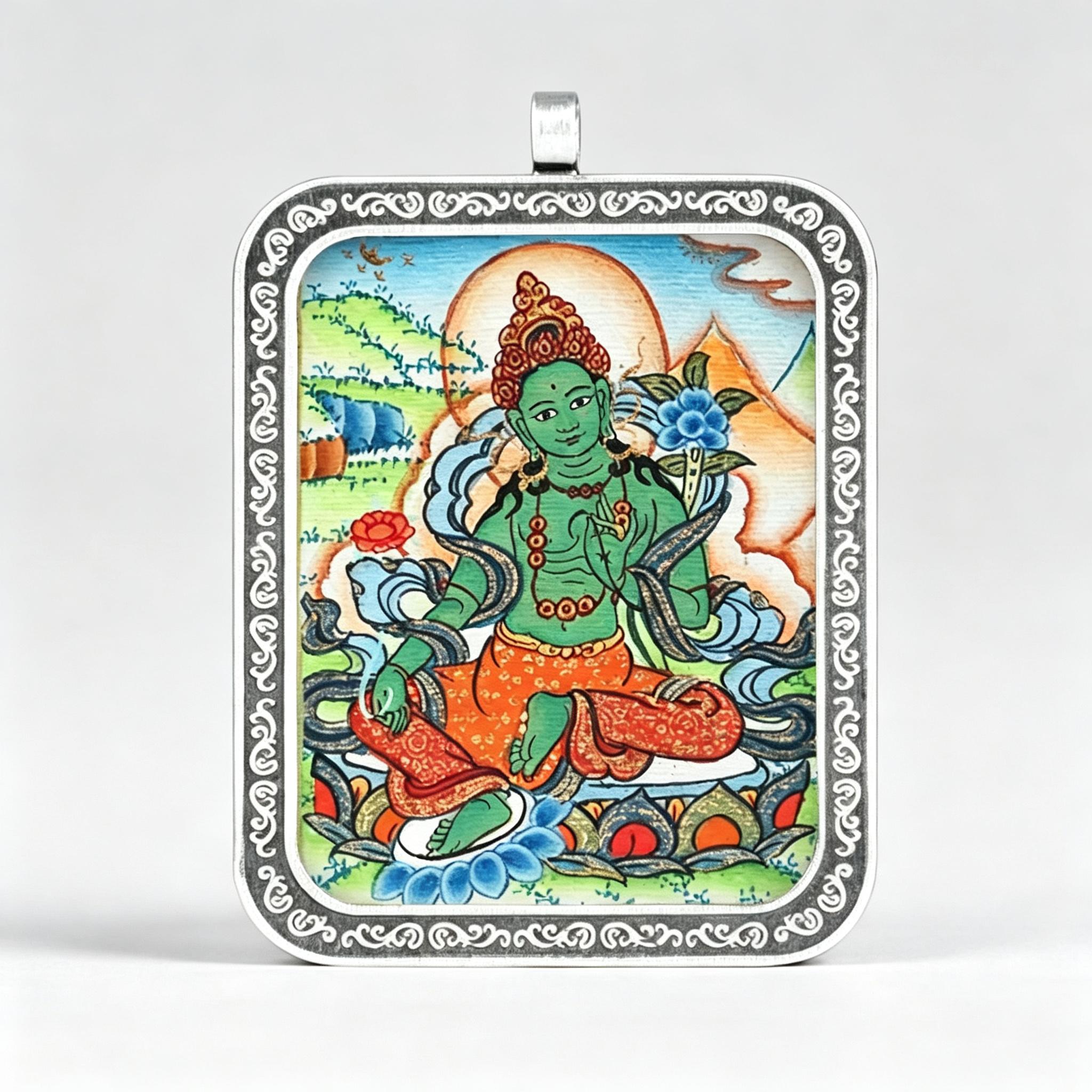 01 Hand-Painted Green Tara Pendant - Image 1