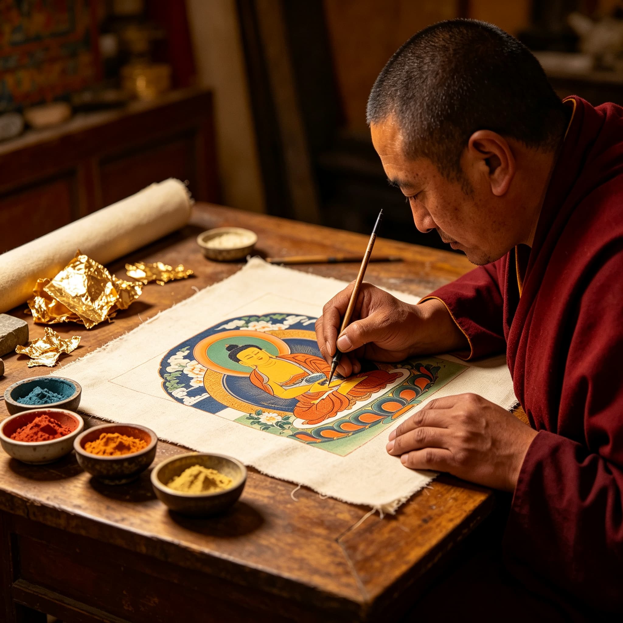 Tibetan master artisan hand painting traditional thangka with mineral pigments | ZangVis